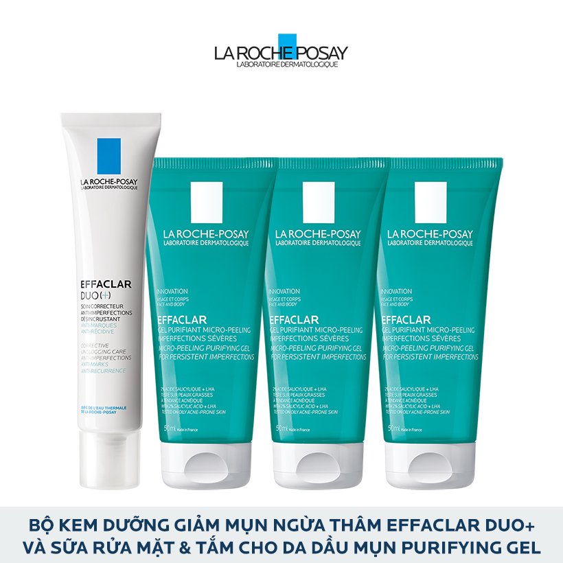 Bộ Kem dưỡng giảm mụn thông thoáng lỗ chân lông và ngừa thâm La Roche Posay Effaclar Duo+ 40ml và Gel rửa mặt dành cho da dầu mụn Effaclar gel 50ml