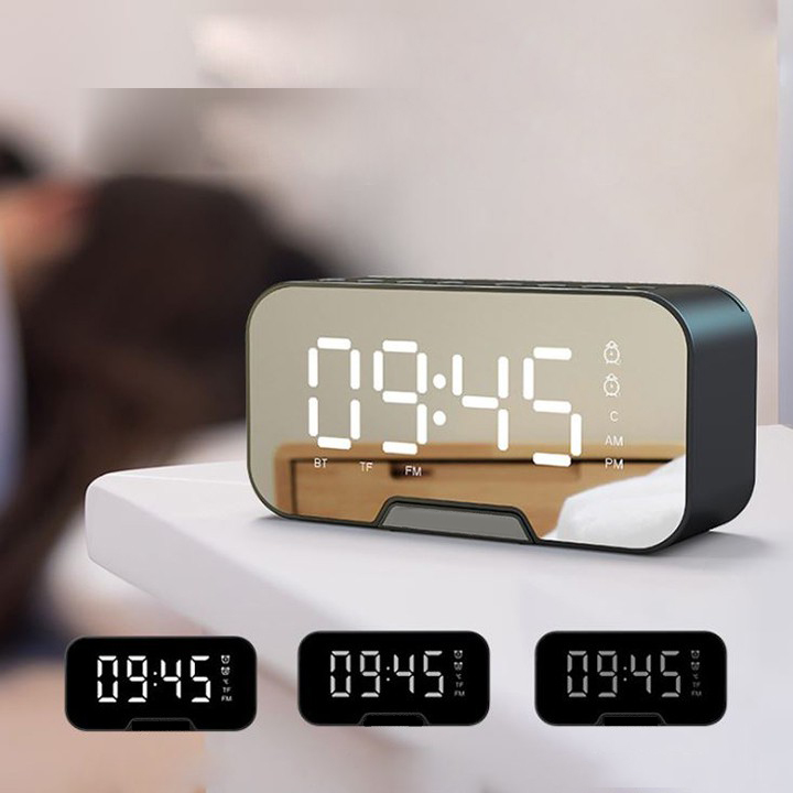 Loa Bluetooth di động có mặt gương tích hợp đồng hồ báo thức