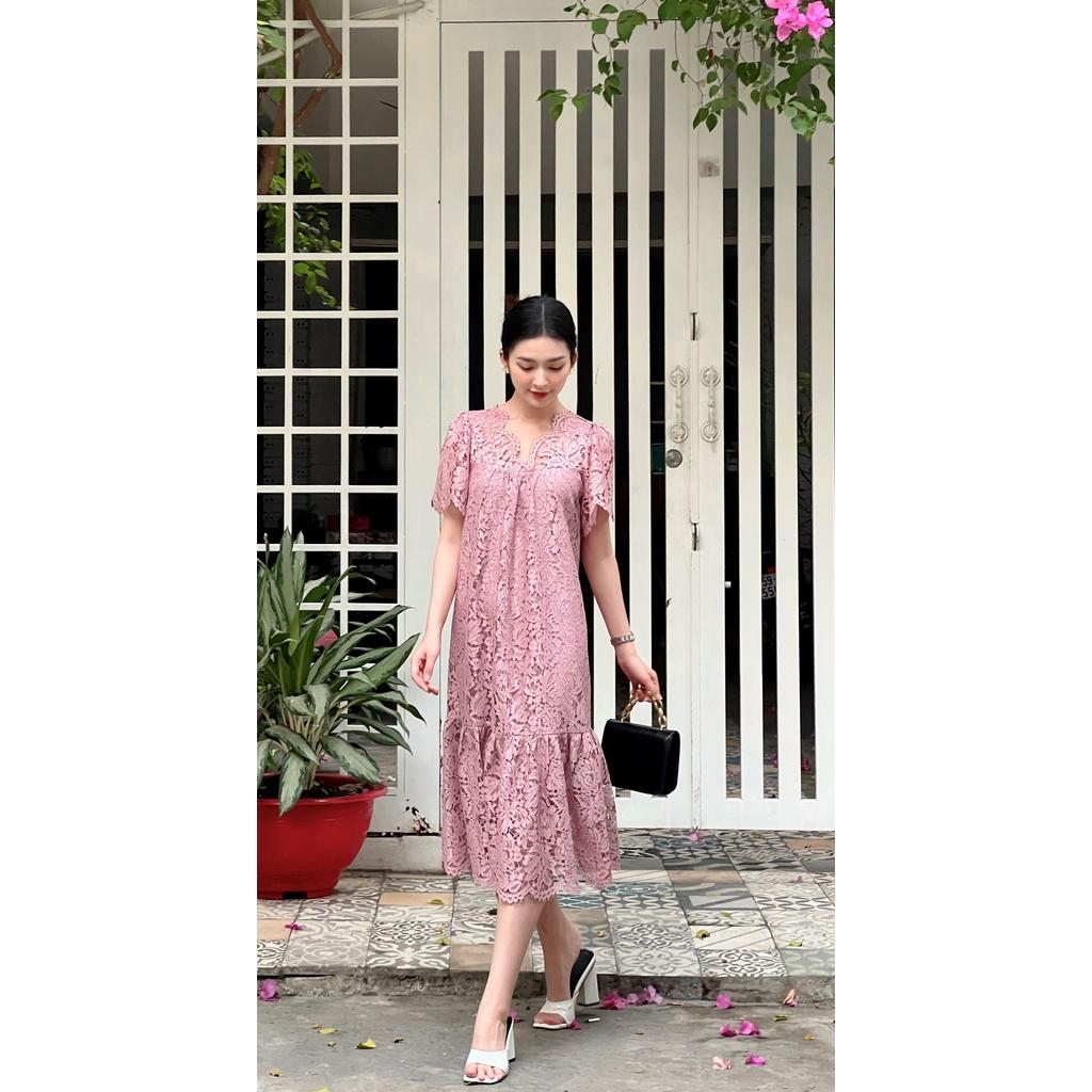 SHEAZ Đầm ren hồng dài midi dáng suông dáng bầu tay ngắn cổ V