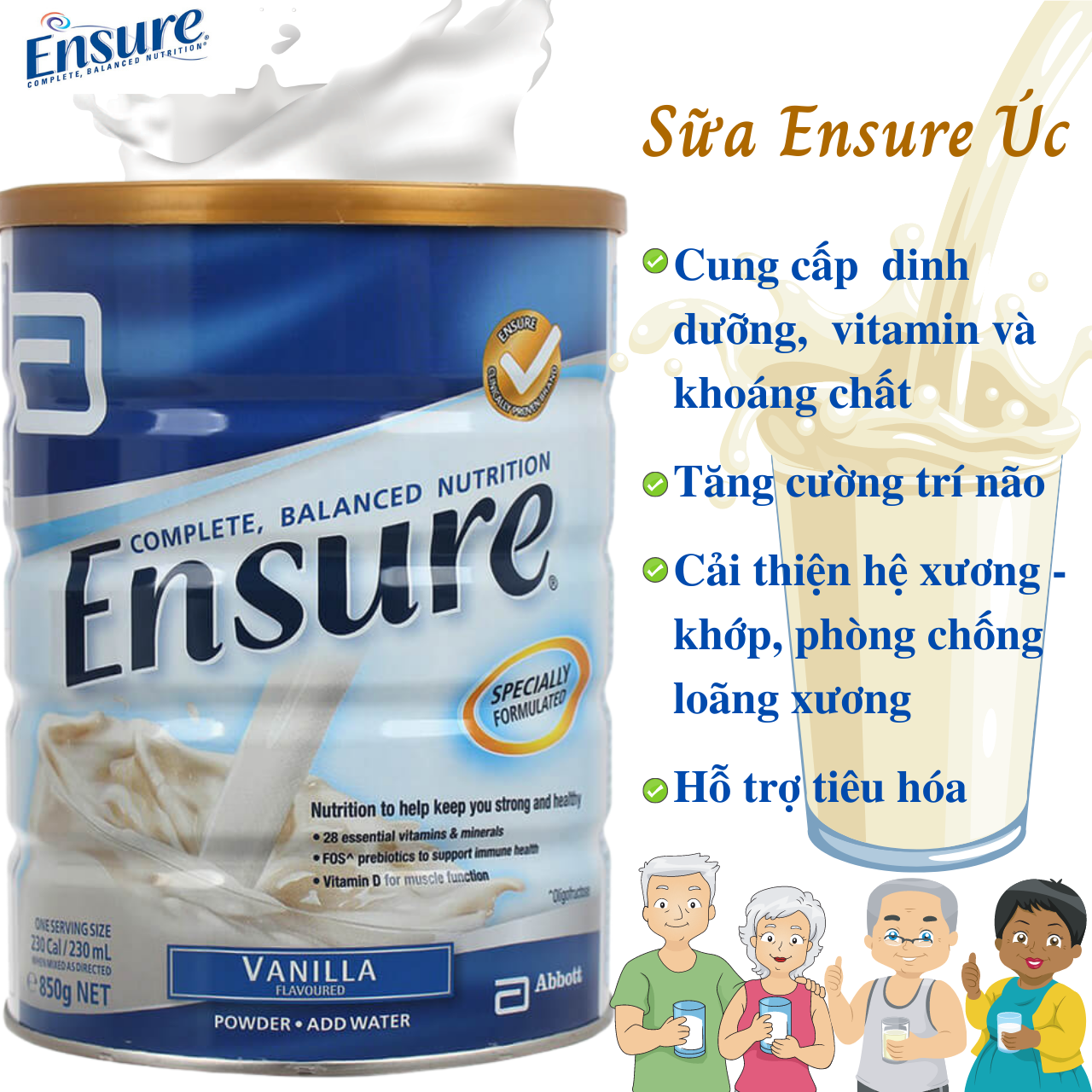 Sữa Ensure Vanila Úc cho người già, người suy dinh dưỡng, cấp đầy đủ dinh dưỡng giúp hồi phục sức khỏe - Massel Official (850g/lon)