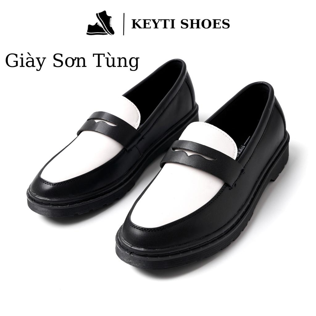 Giày Penny Loafer Black White da nguyên tấm, Giày Sơn Tùng Đế Phíp Cao Cấp