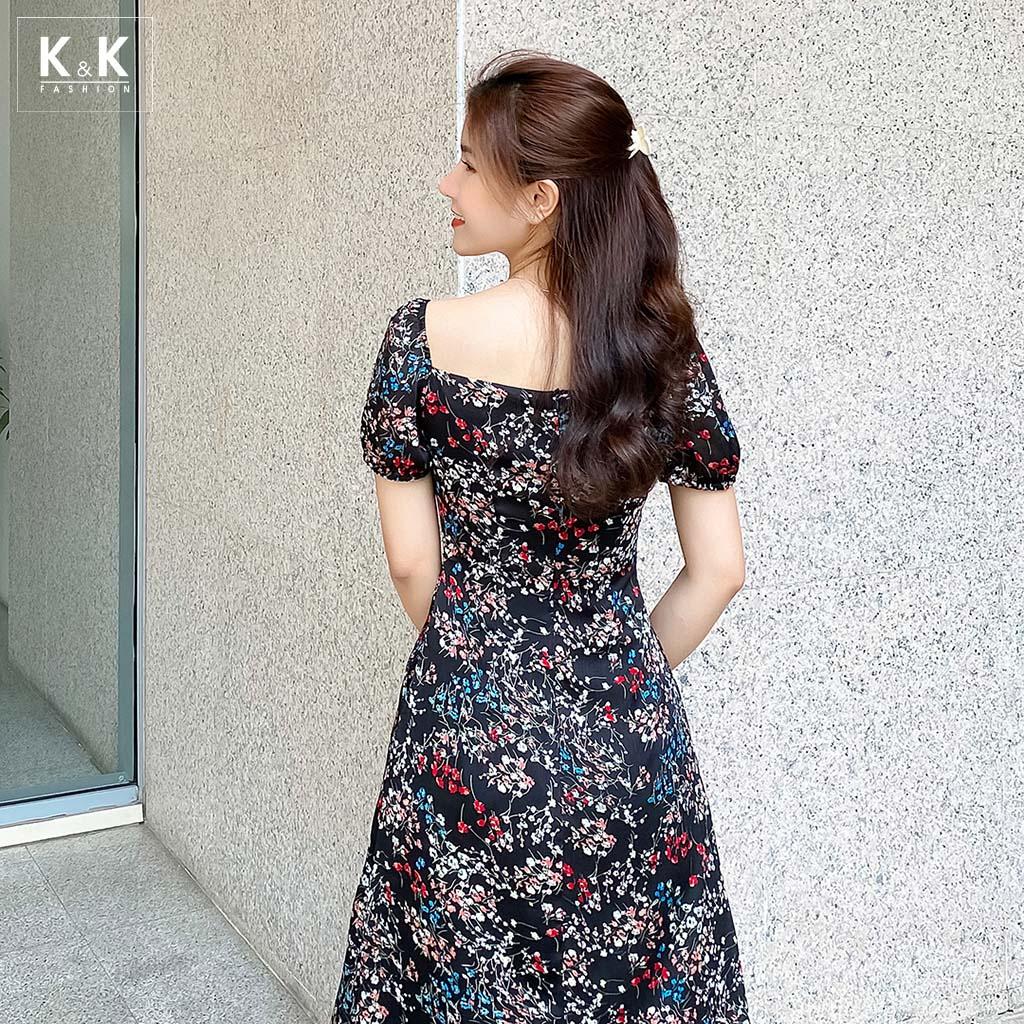Đầm Đen Hoa Dáng Xòe Cổ Vuông K&K Fashion KK130-27 Chất Liệu Tằm Ý Sớ Gân