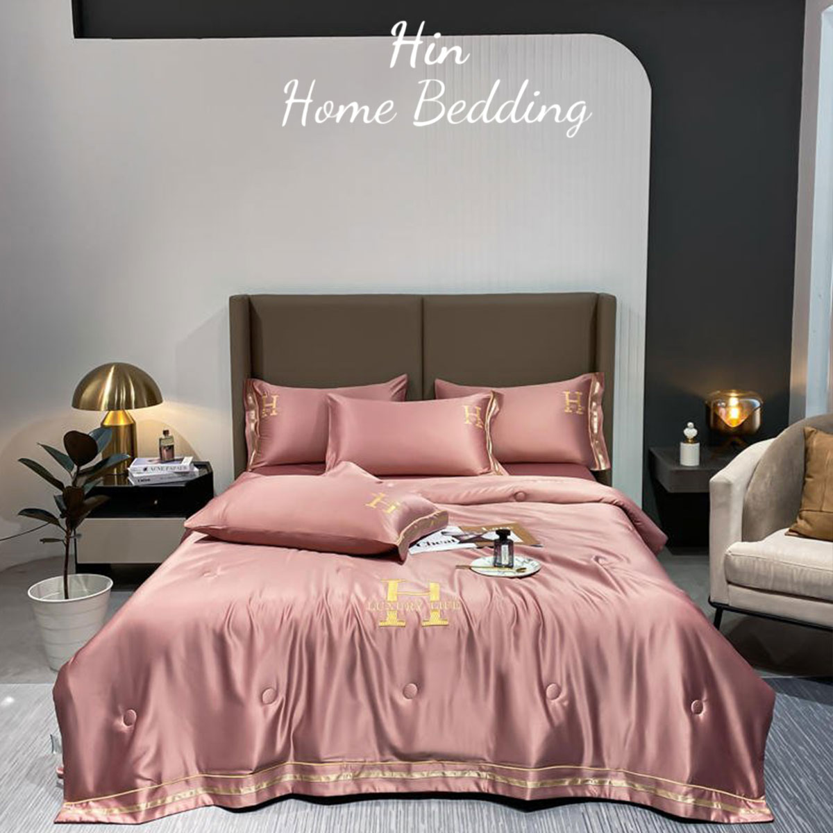 Bộ Chăn Ga Gối Đệm 5 Món Chăn Phao Lụa Thái Hin Home Bedding Drap Giường Lụa Mẫu Hồng