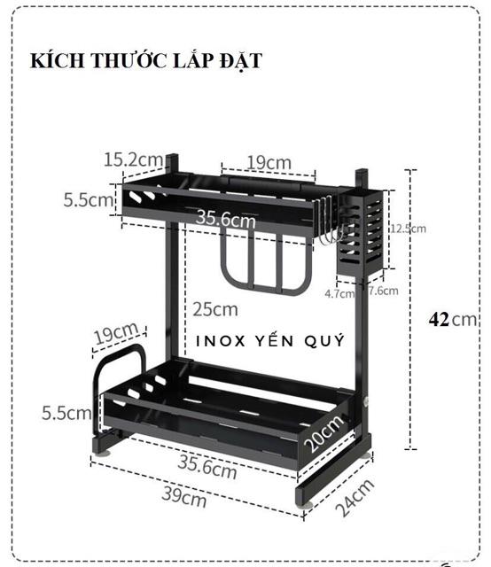 Giá 2 tầng đế tấm đựng gia vị, dao thớt, đũa đầy đủ phụ kiện