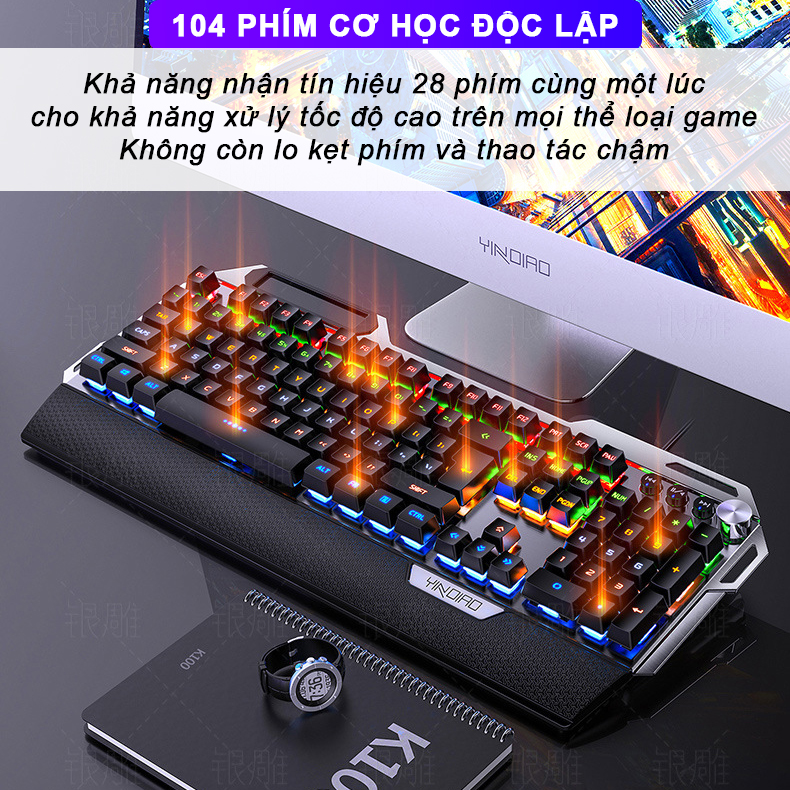 Bàn phím cơ gaming RGB SIDOTECH K100 Version 2 dòng bàn phím máy tính chơi game trục cơ học 104 phím có kê tay chống mỏi chế độ LED RGB cảm giác gõ phím thật tay tiếng gõ êm, không phải bàn phím giả cơ, nâng cấp núm xoay đa phương tiện - Hàng Chính Hãng