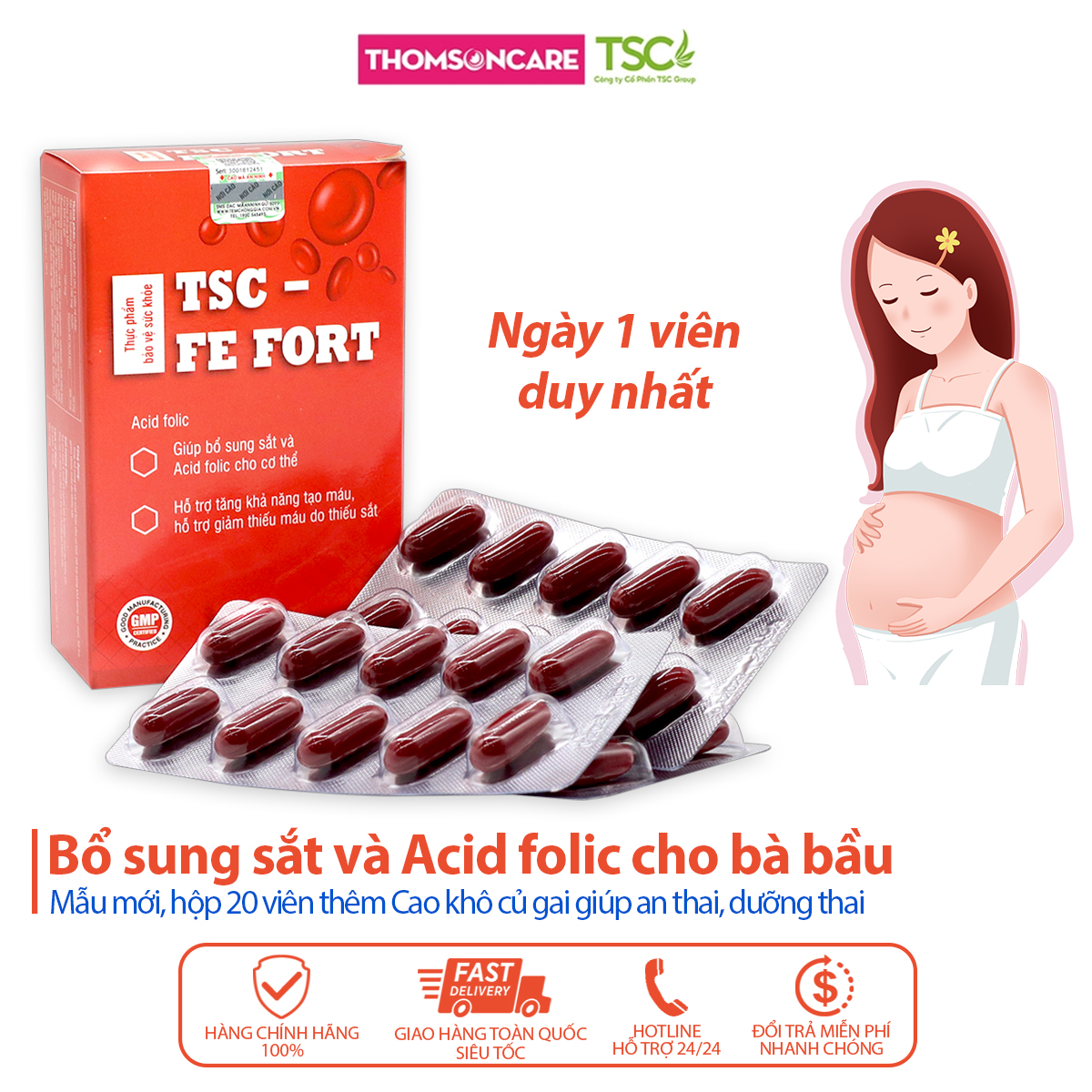 Viên sắt bổ máu cho bà bầu và sau sinh - TSC Fe Fort từ sắt hữu cơ dễ hấp thu và acid folic - Dùng cho cả người bị thiếu máu do thiếu sắt - Thomsoncare