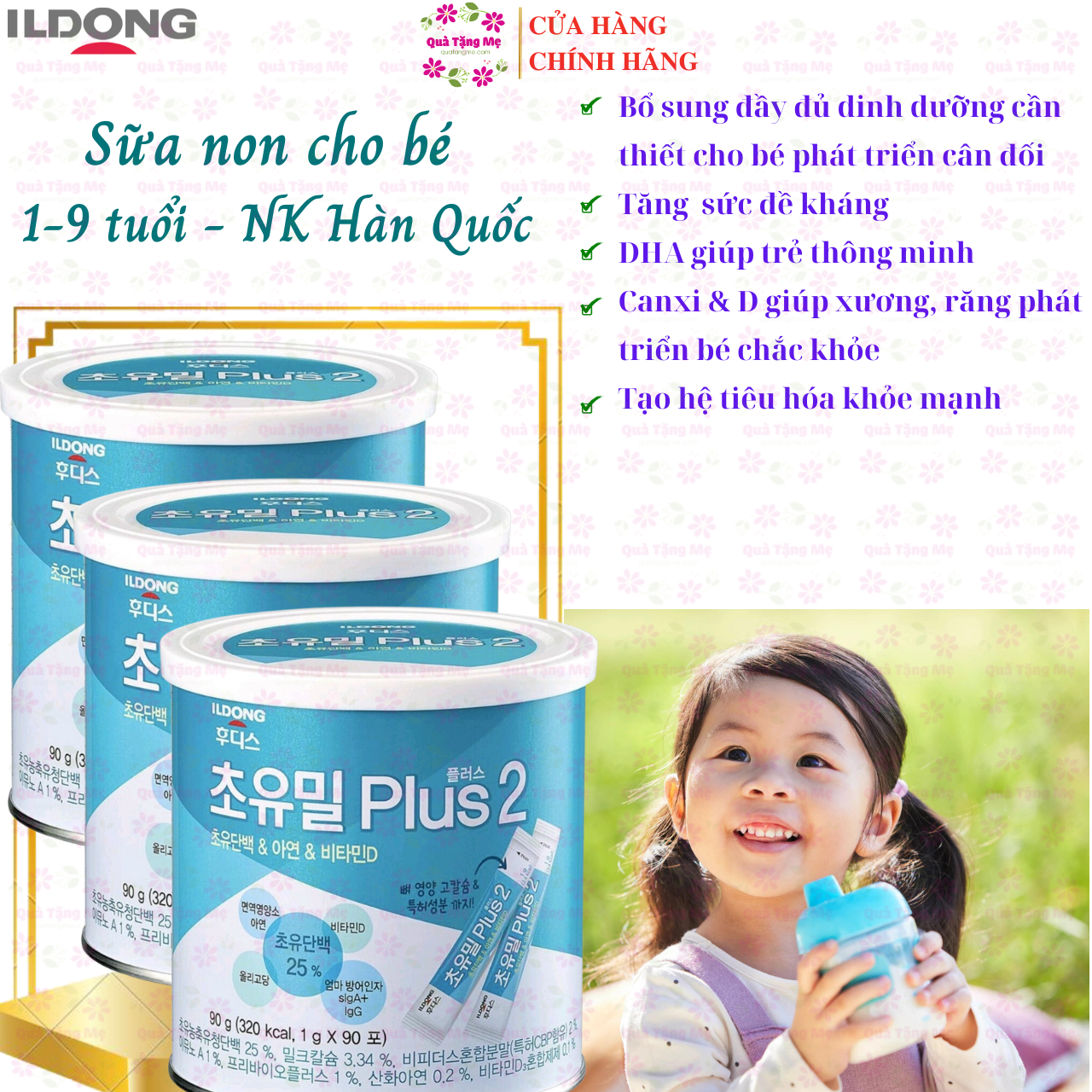 Sữa non cho bé từ 1-9 tuổi Ildong Plus 2 Hàn Quốc giúp trẻ phát triển trí não, xương, răng, tăng sức đề kháng, tiêu hóa tốt - QuaTangMe -3 lon