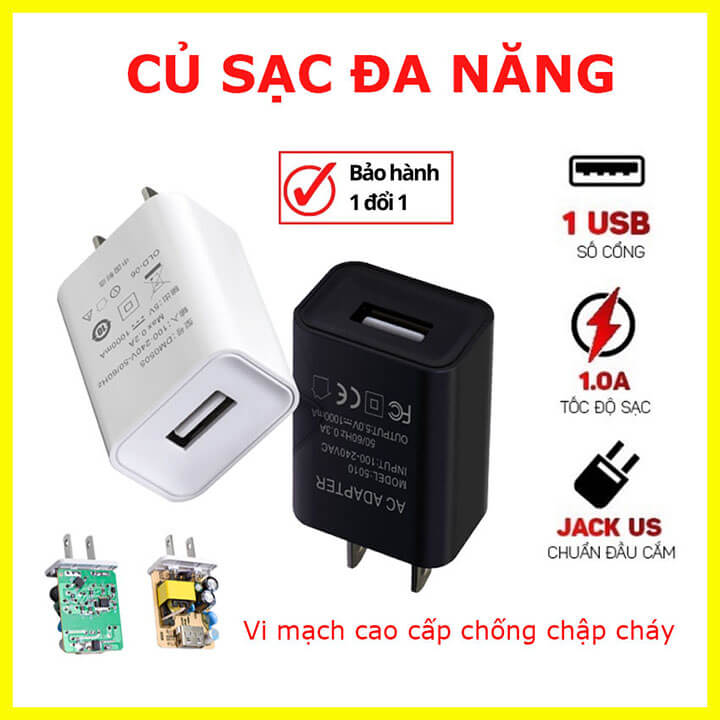 Củ sạc nhanh 5V 1A cho điện thoại, cục sạc cho đèn pin siêu sáng, quạt tích điện, nguồn cho các thiết bị điện tử