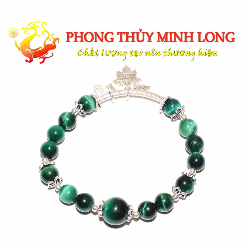 Vòng tay đá Mắt Hổ Xanh Lá mix túi tiền lá bạch dương bạc nhỏ xinh với người mệnh Mộc và Hỏa