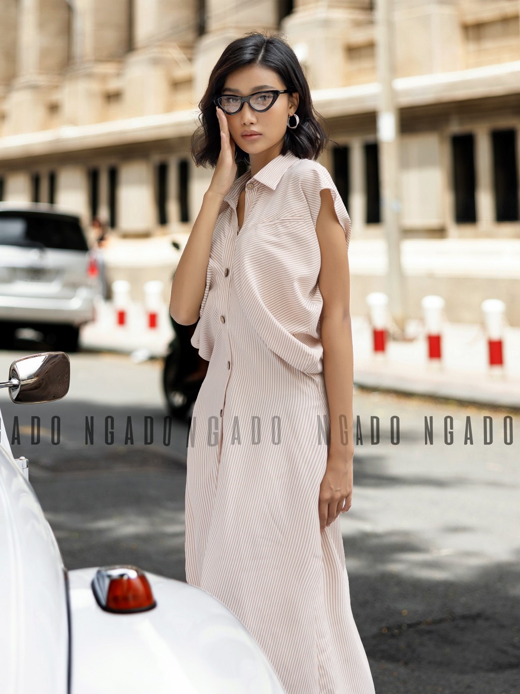 Đầm sơ mi sọc cam NGADO, Đầm suông, Đầm vintage, Đầm dạo phố thiết kế
