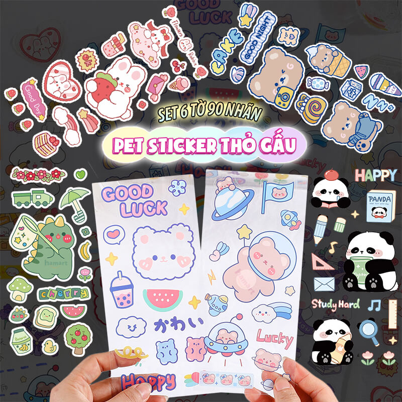 SET 6 Tờ 90 Nhãn Dán Sticker Thỏ Gấu Chuột PET Trong Suốt Cute Không Thấm Nước Trang Trí Dễ Thương - SET 6 Tờ Thỏ &amp; Gấu