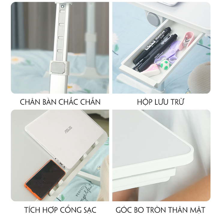 Bàn ngồi giường gấp gọn cổng sạc USB, giá đỡ ngiêng 270 độ, bàn gấp gọn thông minh