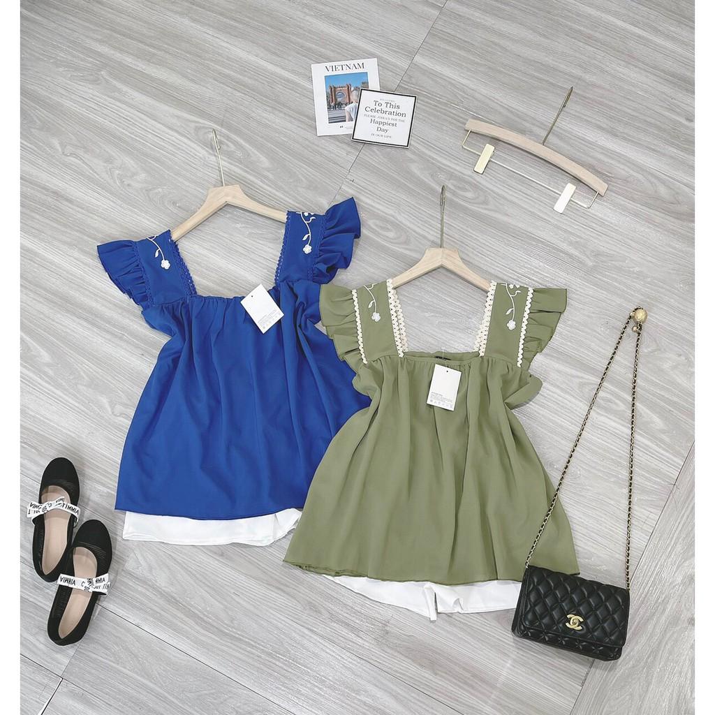 Set Áo babydoll kèm quần short trắng - Set áo babydoll cánh tiên đũi nhật thêu hoa thủ công xuất sắc
