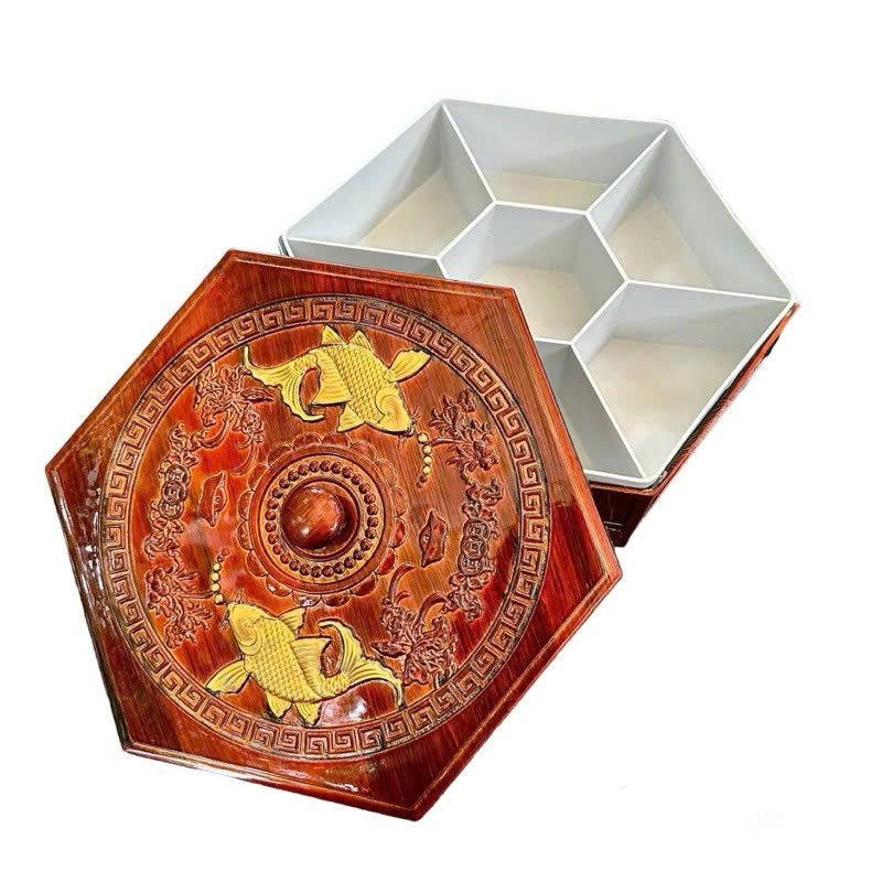 Khay Đựng Bánh Kẹo Mứt Tết Giả Gỗ Phúc Lộc Thọ – Hộp Mứt Tết Cá Chép Vàng 7 Ngăn Sang Trọng, Tiện Lợi - HÀNG CHÍNH HÃNG MINIIN