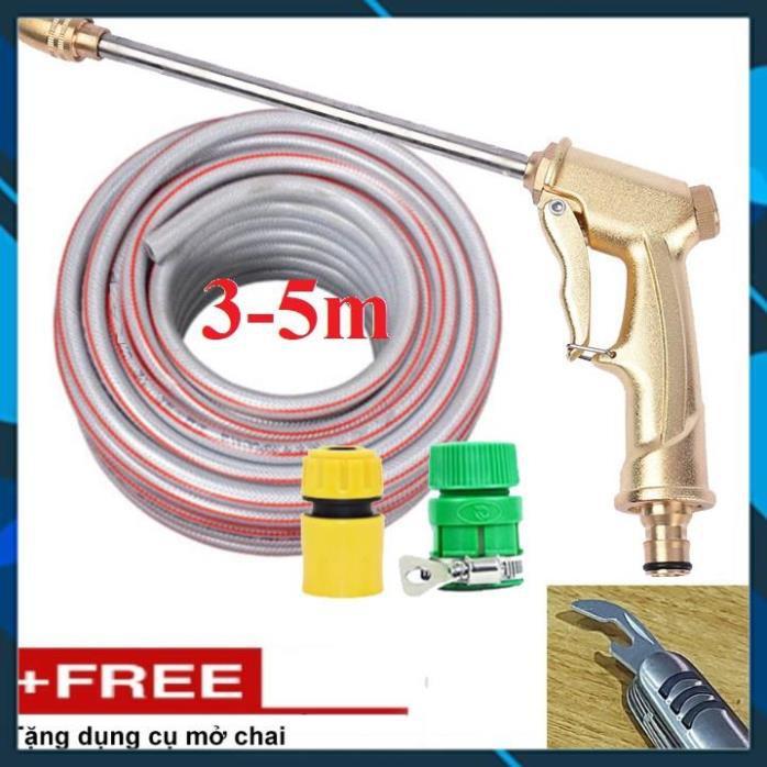 Bộ dây vòi xịt nước rửa xe, tưới cây ,tăng áp 3 lần,loại 3m,5m 206701-3 đầu đồng,cút nối nhựa vàng+ mở chai