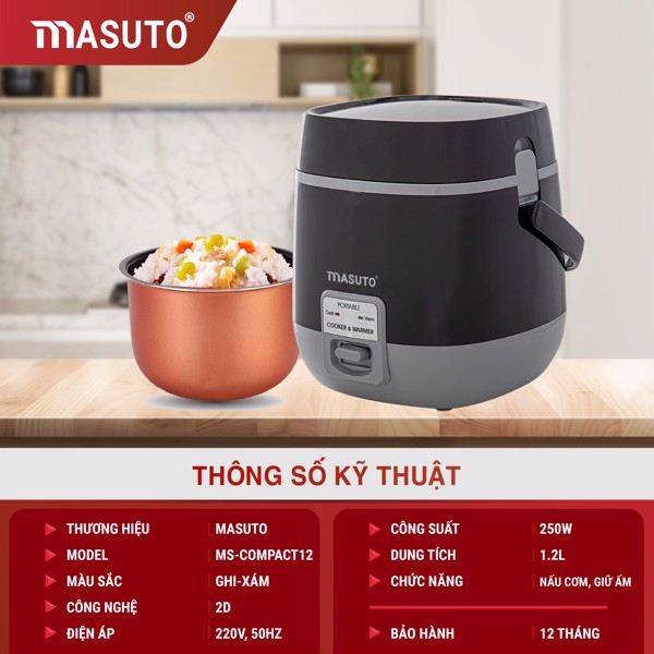 Nồi Cơm Điện Mini MASUTO MS-COMPACT 12 Công Nghệ Nhật Bản Dung Tích 1.2 Lít Công Suất 250 W - Hàng Chính Hãng