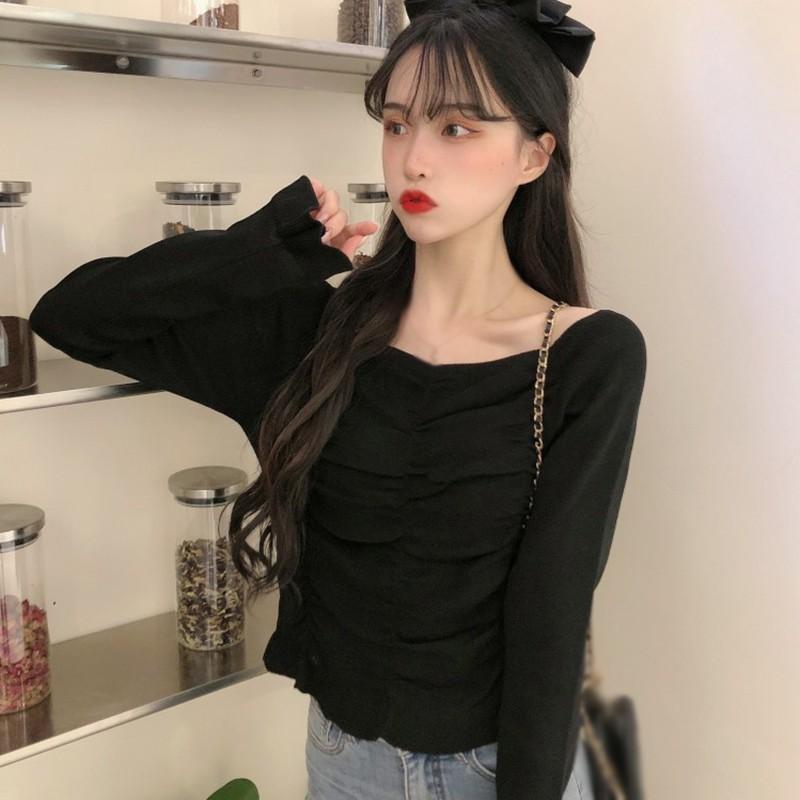 Áo Dệt Kim Tay Dài Cổ Vuông Màu Trơn Thanh Lịch