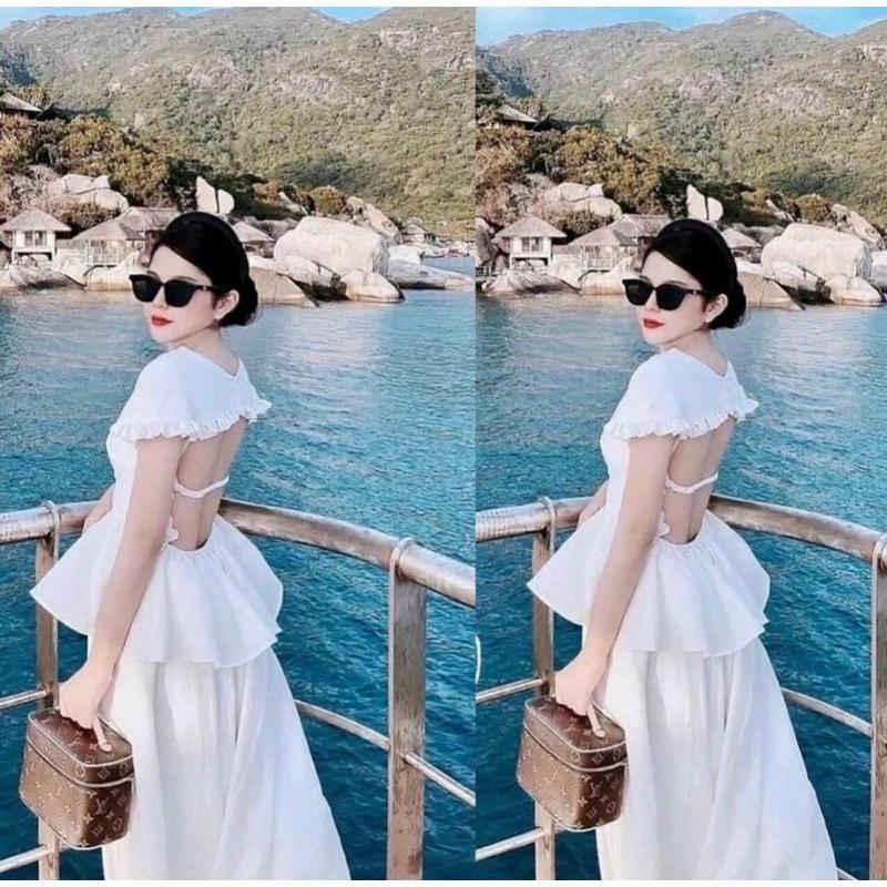 Đầm midi trắng peplum bèo hở lưng