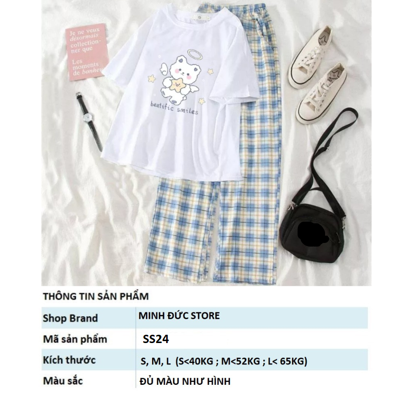 Sét Bộ Nữ SS24, Sét Đồ Nữ Đi Chơi Đẹp In Gấu Ôm Sao, Sét Áo Vải Cotton Và Quần Kẻ Đen Cá Tính