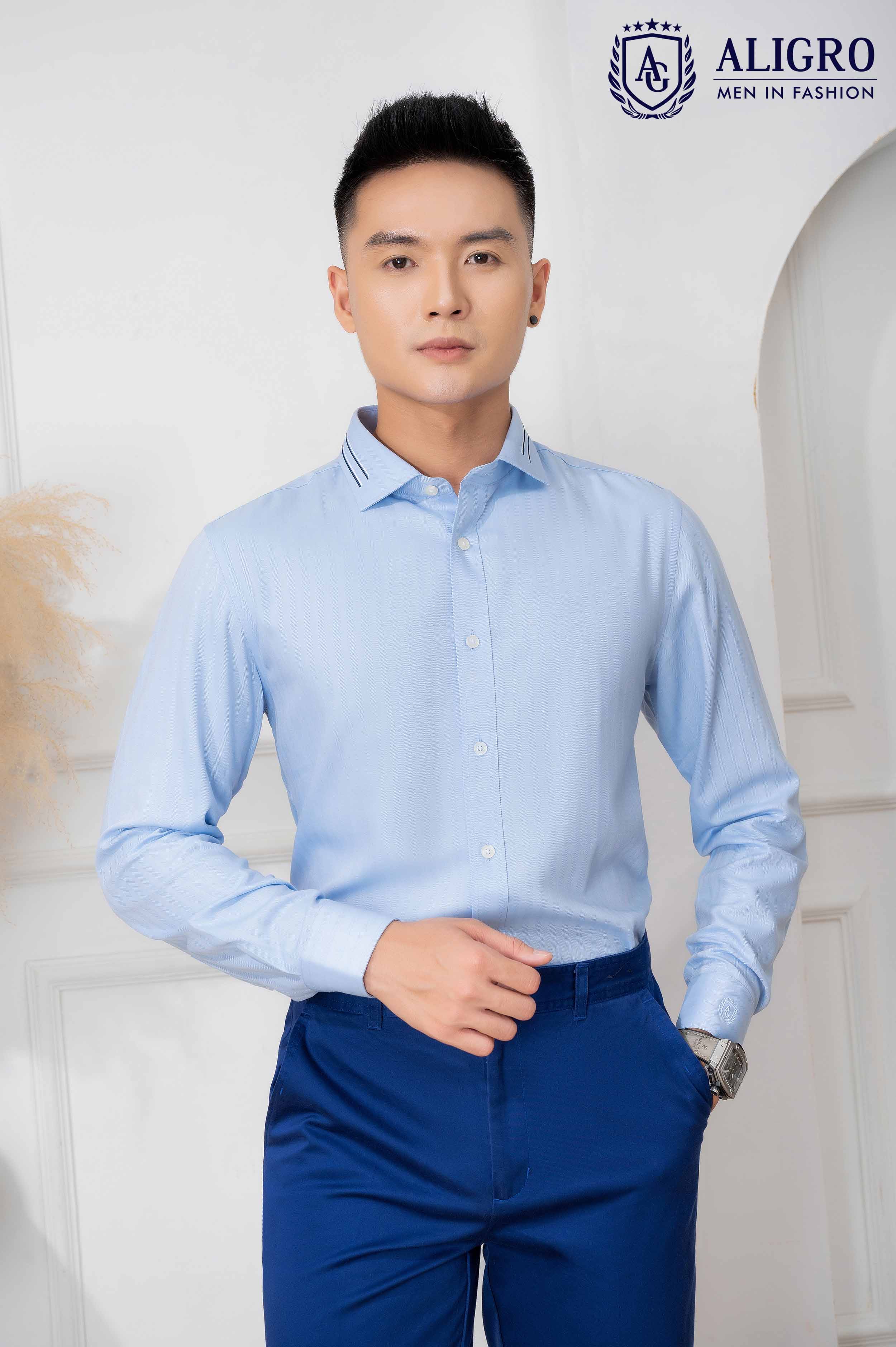 Áo sơ mi nam dài tay ALIGRO 100% chất bamboo Màu Xanh phối cổ bẻ dáng ôm body ALGS214