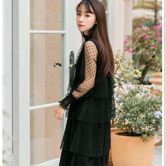 Đầm Ulzzang chấm bi suông đen