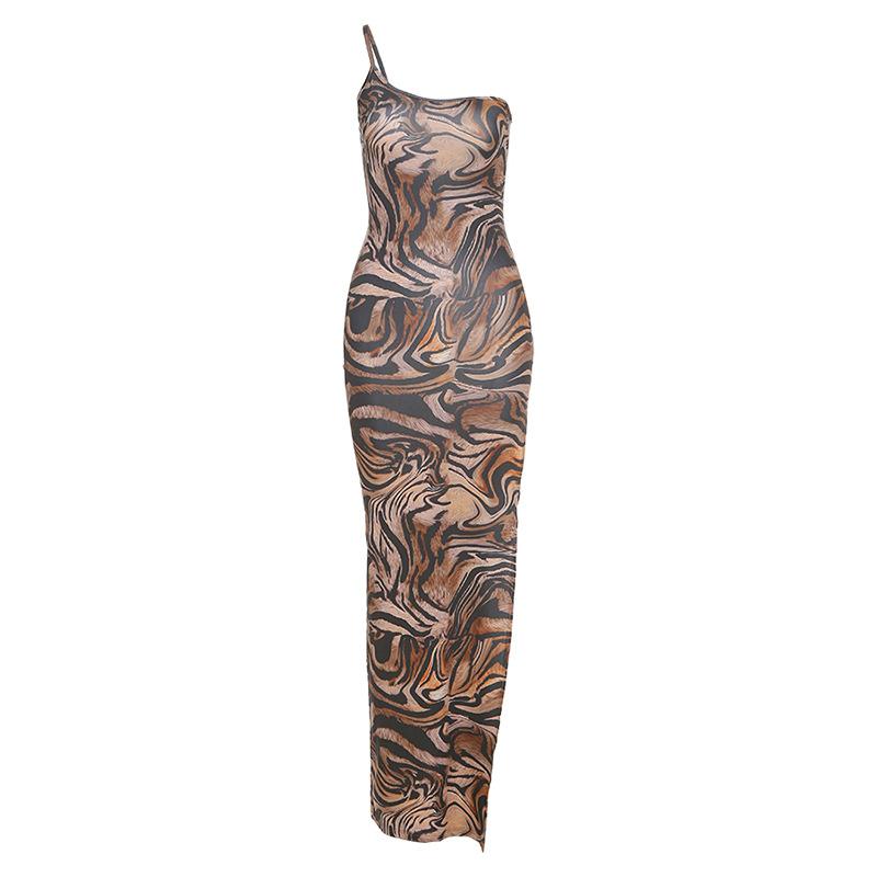 Fashion Women Tiger Print Dress One Shoulder Sleeveless Backless Bodycon Split Long Dress for Party Club