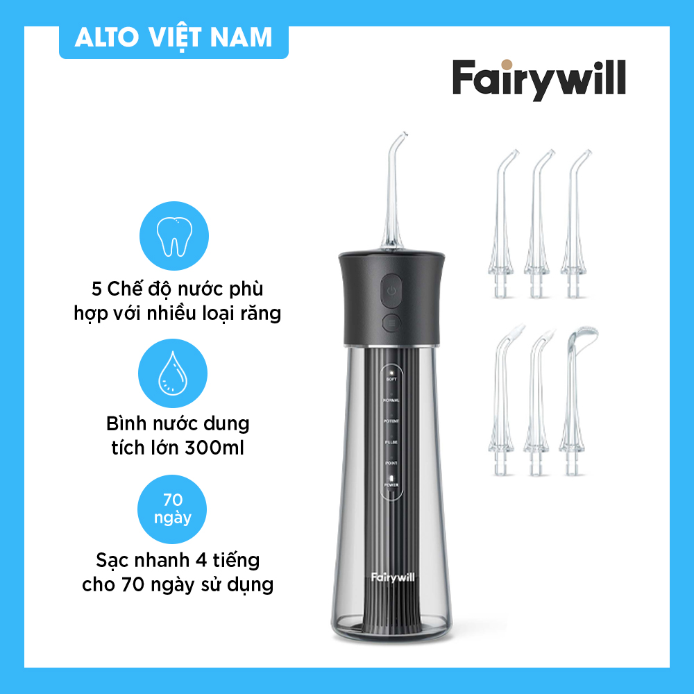 Máy tăm nước cầm tay FAIRYWILL F30 siêu phẩm mới ra Dung tích 300ml Sạc nhanh 4 tiếng Thời gian sử dụng lên tới 70 ngày Tặng kèm 6 đầu tăm - Hàng Chính Hãng