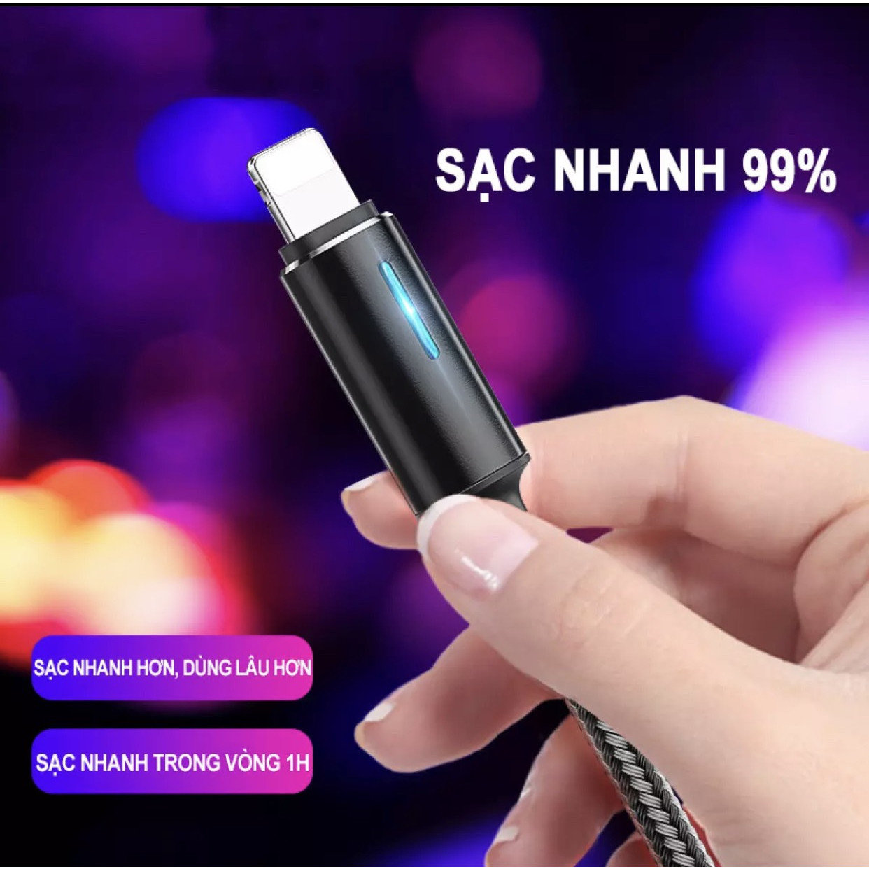 Cáp sạc nhanh hiển thị đèn LED dành cho iphone dây dù 1,2M siêu bền ( Màu ngẫu nhiên )