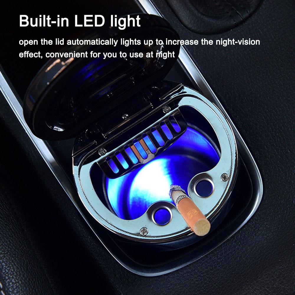 Car Smokeless Ashtray with Lid Small Garbege Can with Blue LED Light Compass for Most Car Cup Holder