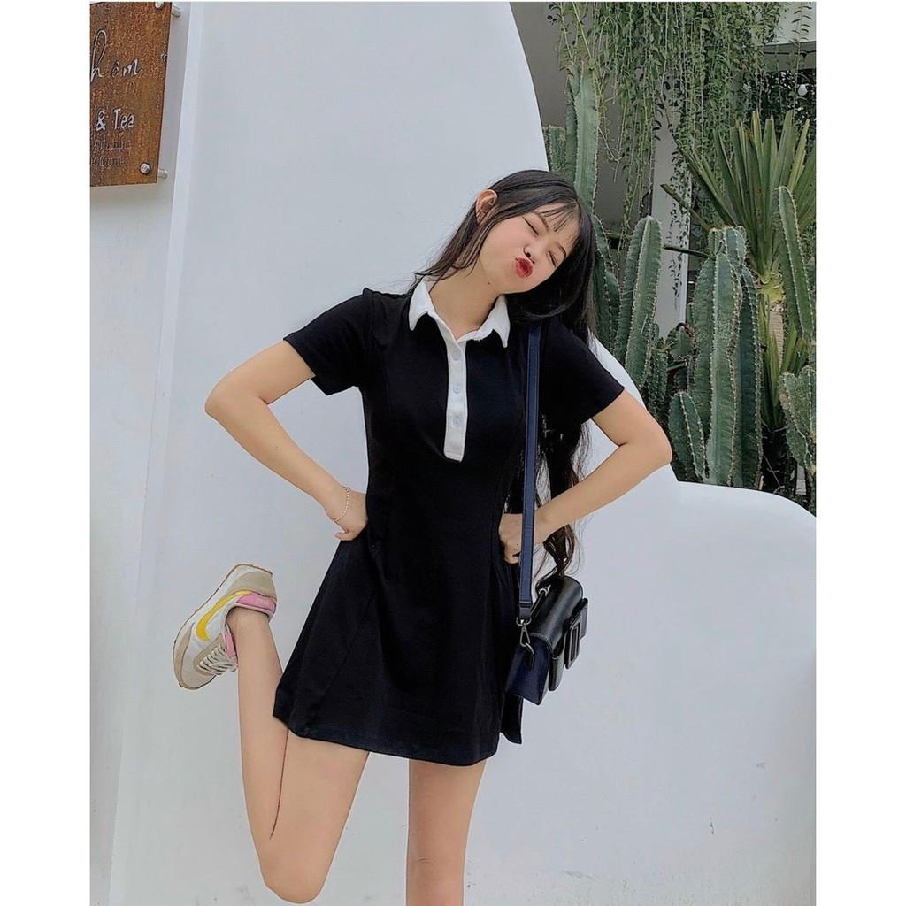 Đầm thun đen cổ bẻ trắng chất liệu thun cotton co giãn