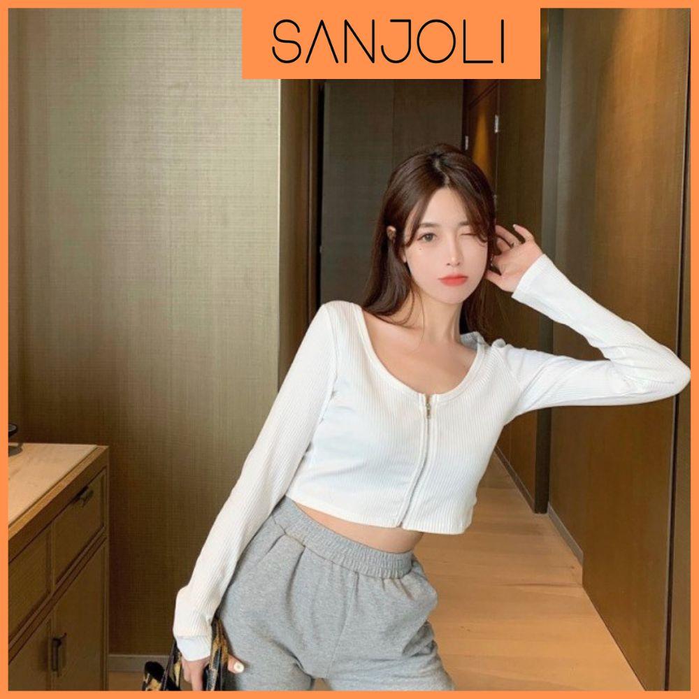 Áo Croptop Ôm Tay Dài SANJOLI Áo Kiểu Croptop Nữ Body Sexy Cổ Tim Đẹp Bánh Bèo Trắng Đen AO036