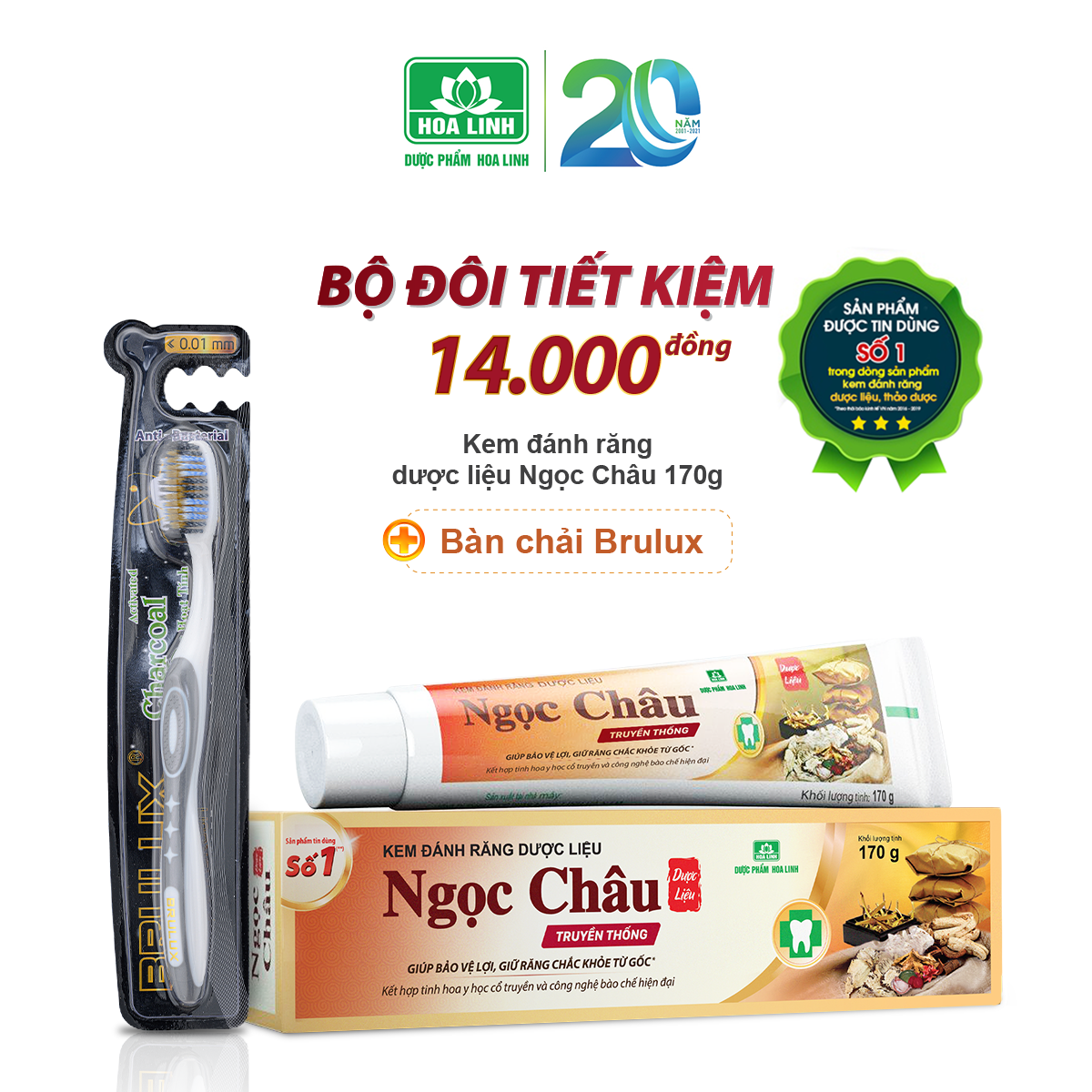 {MỚI} Comnbo Kem đánh răng dược liệu Ngọc Châu 170g + Bàn chải Brulux