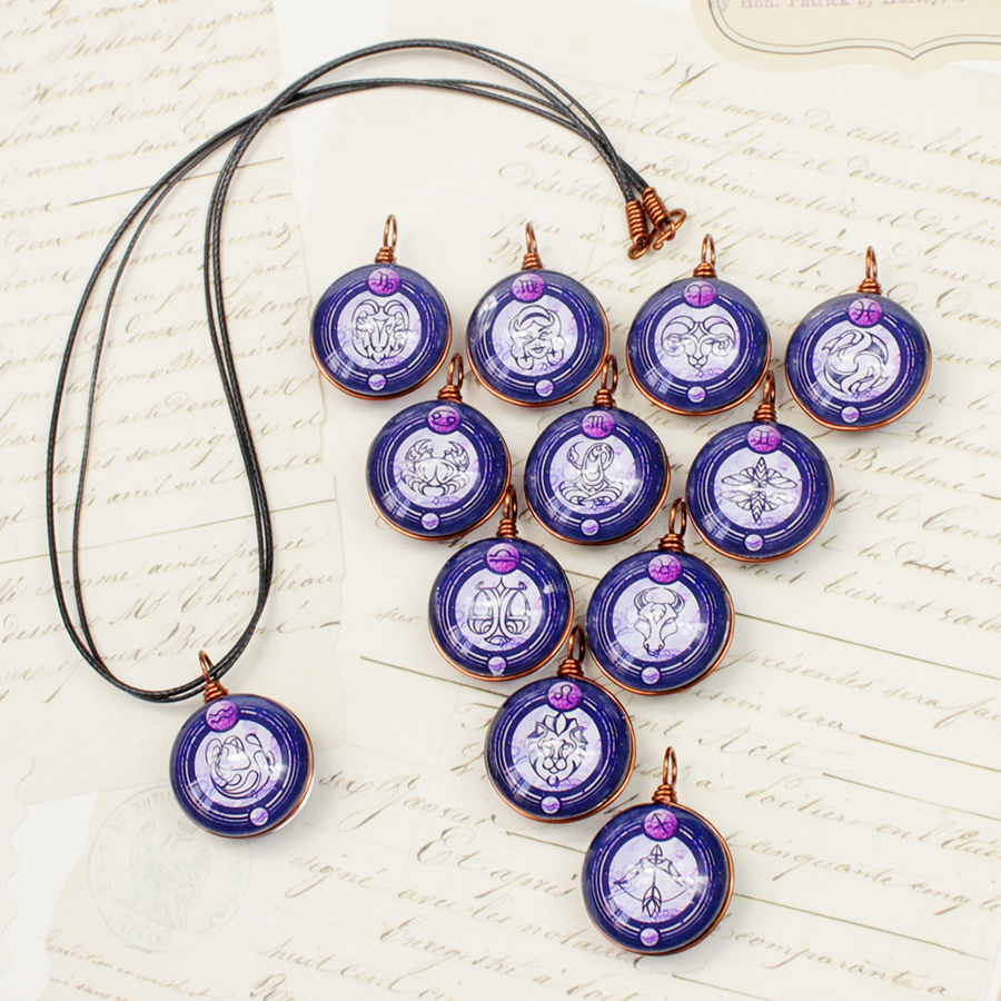 Dây chuyền 12 cung hoàng đạo Zodiac tông tím phong cách vintage đẹp 06647-DC20M0016