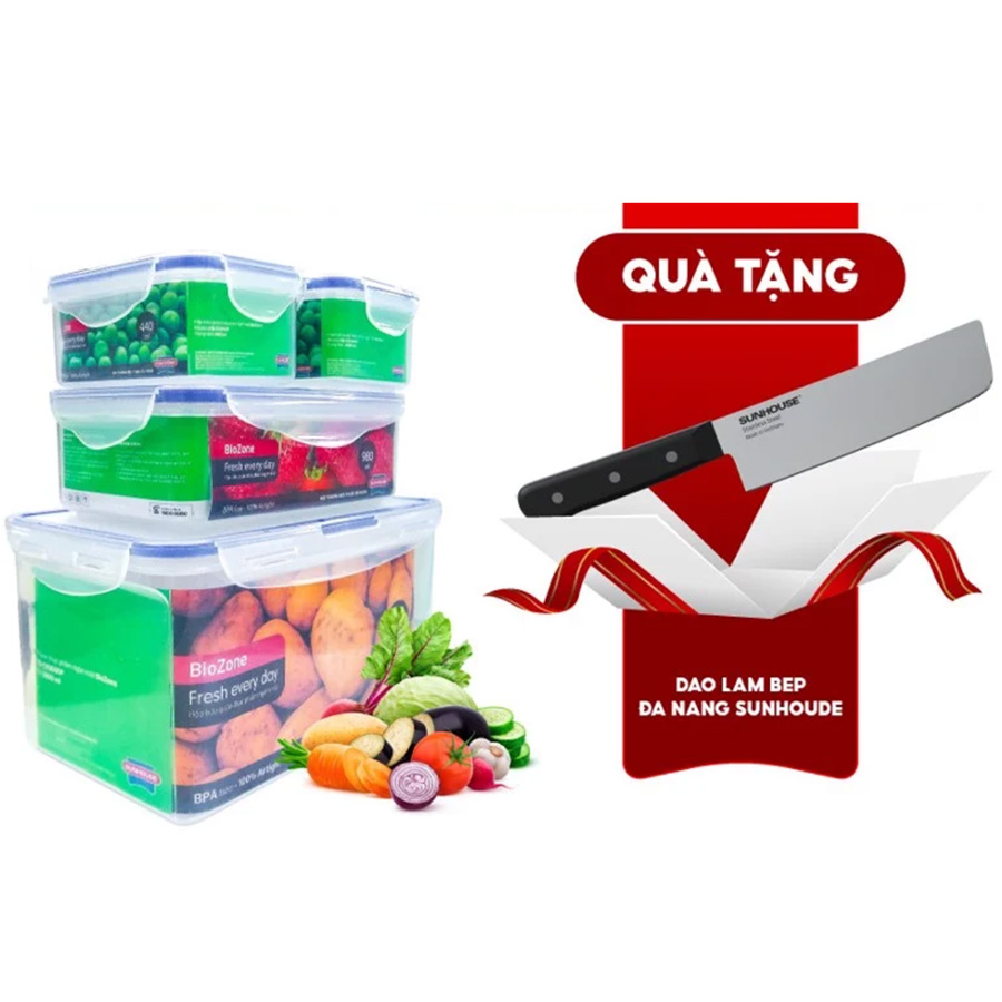 Bộ 4 Hộp Bảo Quản Thực Phẩm Biozone Tặng Dao Làm Bếp Đa Năng Sunhouse - KB-CO4P04E