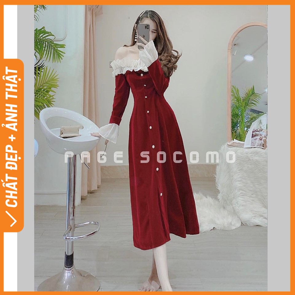 Váy đầm nhung trễ vai bèo dáng dài Socomo V1132022