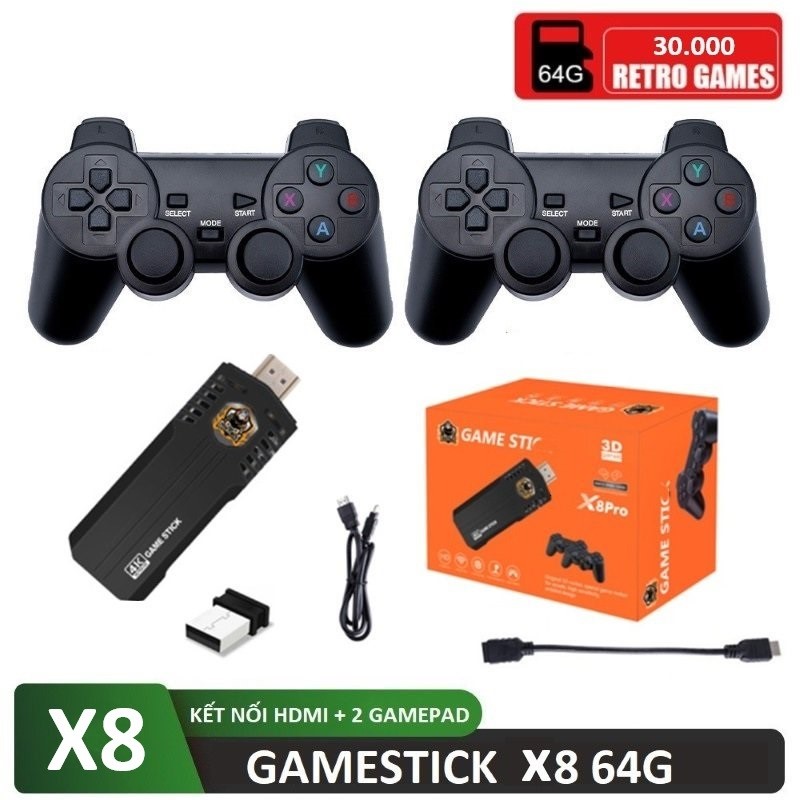 Bộ Máy Retro Gamestick X2 64G 2 tay cầm kết nối HDMI cho màn hình Tivi máy chiếu hàng nhập khẩu
