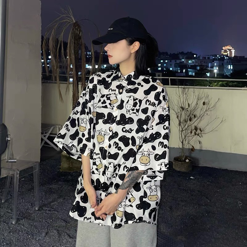 Áo Sơ Mi Hoạ Tiết Tay Lỡ Dáng Rộng,Sơ Mi Con Bò Tay Lửng Unisex - MM