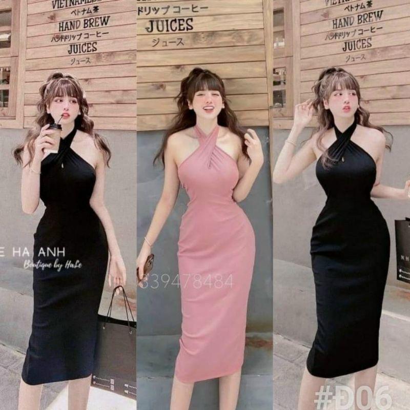 Đầm body cổ yếm xẻ sau dáng dài qua gối