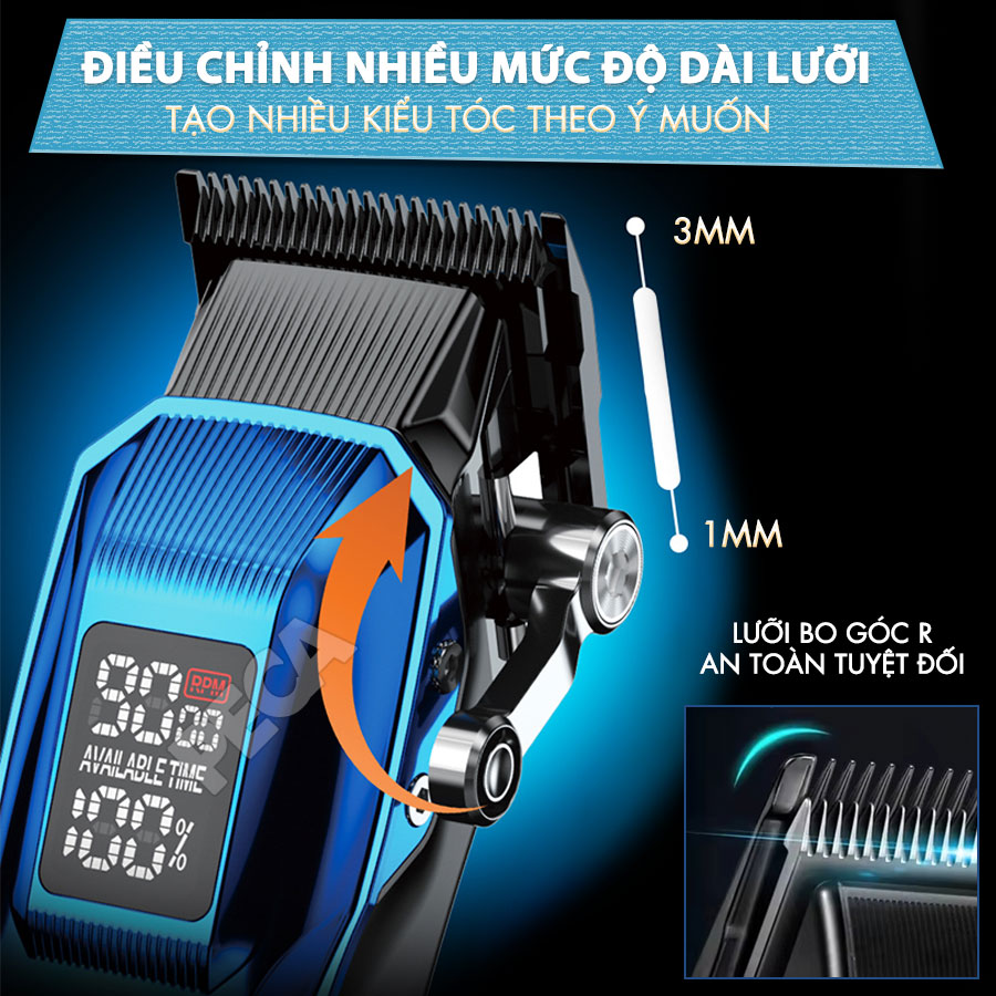 Tông đơ cắt tóc chuyên nghiệp Kemei KM-2796 lưỡi cắt mạ carbon DLC cao cấp có động cơ không chổi than màn hình LCD hiển thị công suất 10W - Tặng kèm lưỡi thay - Chính hãng