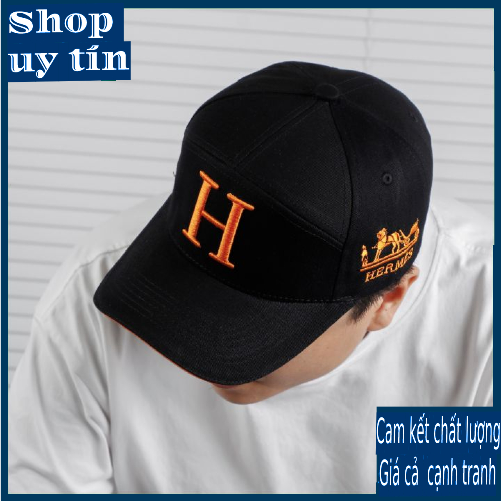 [ Miễn ship / giảm giá ] MŨ NÓN LƯỠI TRAI NAM NỮ LOGO H HER.MES CAO CẤP - màu đen logo cam