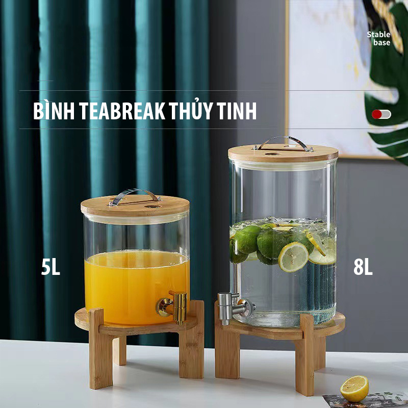 Bình nước thuỷ tinh chịu nhiệt cao cấp, vòi inox có bao gồm chân đế gỗ, bình ngâm hoa quả đế gỗ