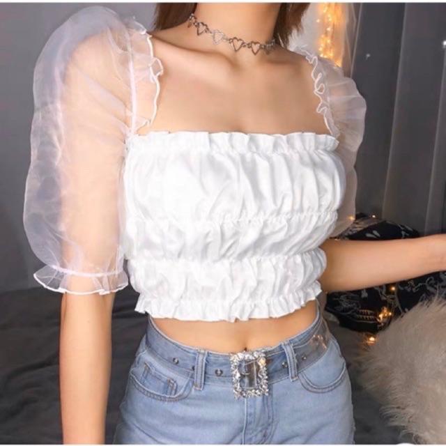 Áo croptop phối voan kiến tay phồng bo nhún co giản tốt