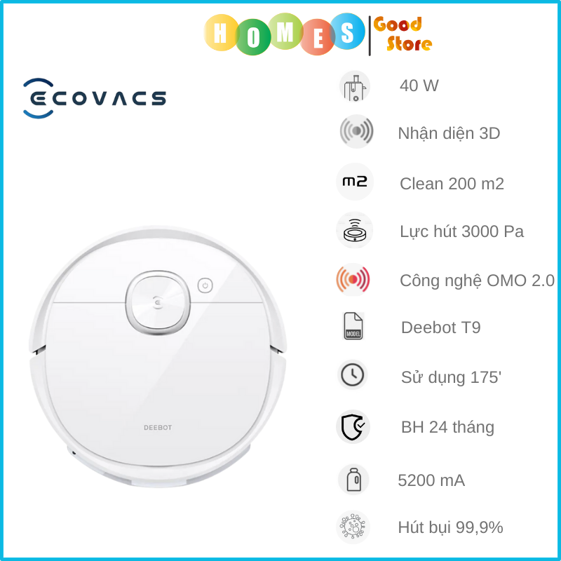 Robot Hút Bụi Lau Nhà ECOVACS Deebot T9 - Bản Quốc Tế Kết Nối App Công nghệ OZMO 2.0 Và Khử Mùi Lực Hút 3000 Pa Phù Hợp Diện Tích 200 m2 Công Suất 40W - Hàng Chính Hãng