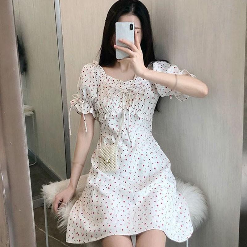 Đầm nữ tay ngắn hoạ tiết trái tim phong cách Hàn Quốc