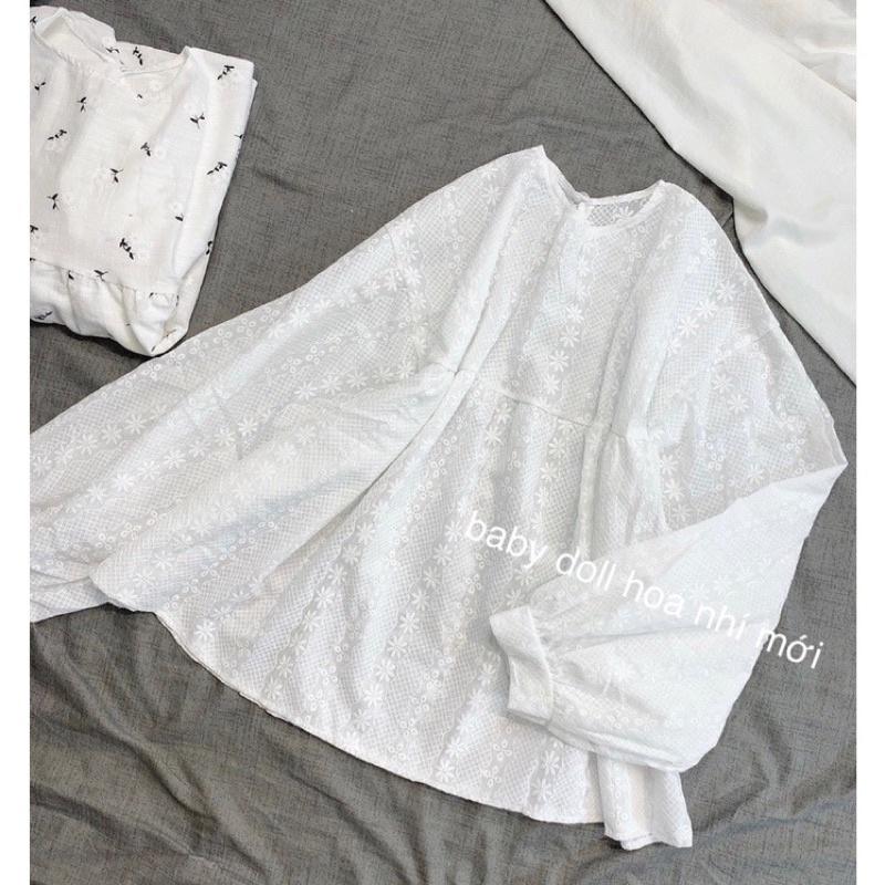 Áo Babydoll Hoa Nhí Nữ dáng xoè dài tay màu trắng tiểu thư Giấu Quần Siêu hót. MET SHOP