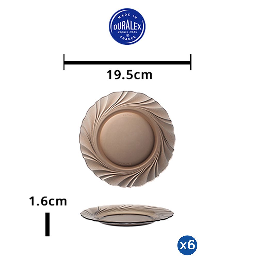 Bộ 6 dĩa D3003C Duralex - Beau Rigave 19,5 cm - Nâu Khói Thủy tinh cường lực cao cấp Pháp