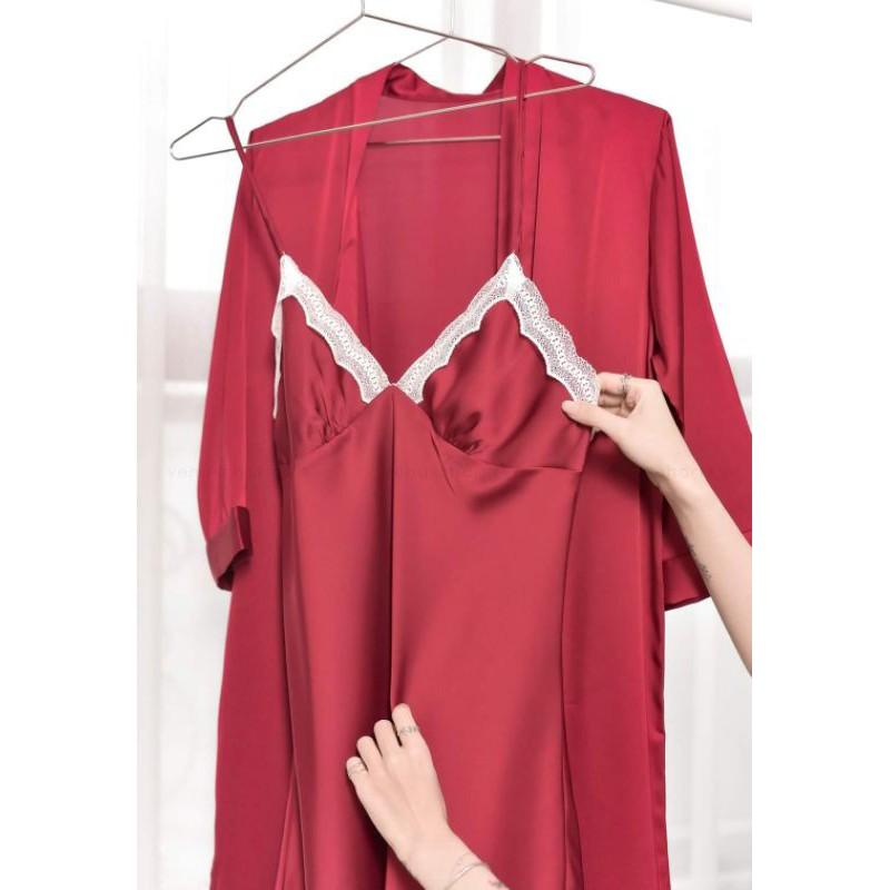 Set áo choàng váy ngủ lụa 2 dây phối ren sang trọng tặng kèm quần chip ren xinh xắn
