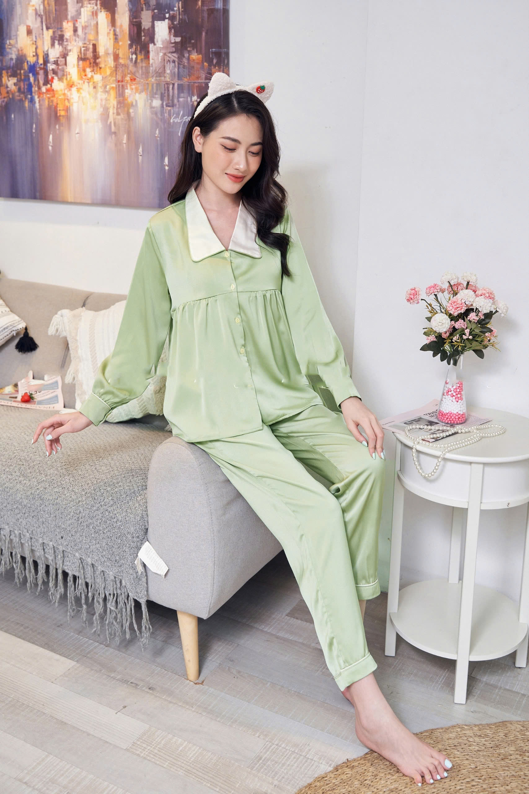 Bộ Đồ Bầu Và Sau Sinh Chất Liệu Lụa Ngọc Trai B277 Mặc Hè Cực Mát