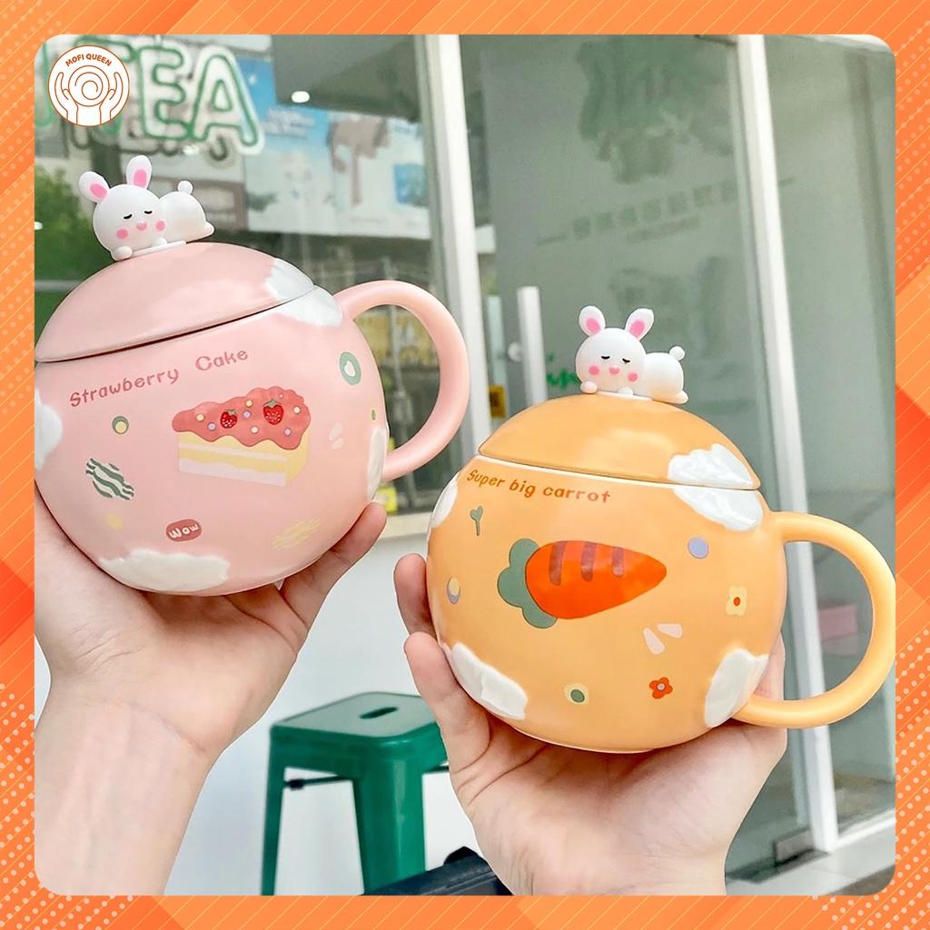 Cốc uống nước, ly uống nước văn phòng, cute dễ thương kèm nắp và muỗng thỏ 400ml