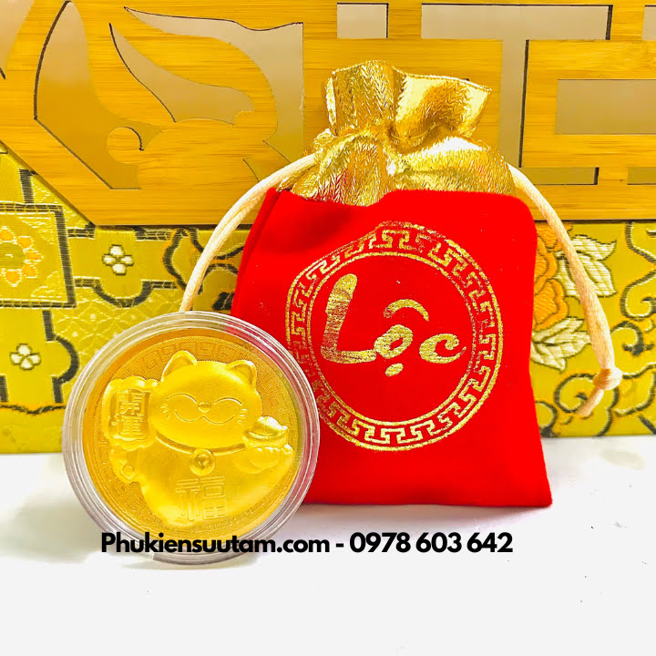 Combo 10 Đồng Xu Hình Con Mèo Thần Tài CUTE Tặng Túi Gấm Lộc, đường kính: 4cm, màu vàng - SP005930